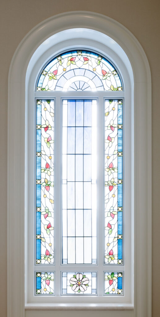An art-glass window inside the Modesto California Temple.